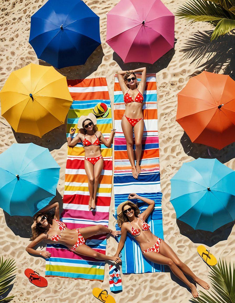 A sunny beach scene showcasing stylish ladies in vibrant swimsuits and fashionable beachwear, surrounded by colorful beach umbrellas and beach towels. Include elements like surfboards and beach accessories to create a lively summer vibe, with clear blue skies and gentle waves in the background. The image should evoke a sense of relaxation and fun, capturing the essence of summer fashion. vibrant colors. super-realistic.
